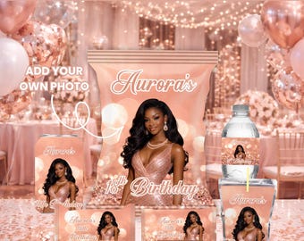 Peut inclure: Ensemble de fournitures de fête sur le thème or rose, comprenant un sachet de chips, une canette, une bouteille d'eau, une boîte à jus et une barre chocolatée. Les articles présentent une photo d'une femme et le texte "Aurora's 18th Birthday".