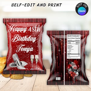 Black and Red Chip Wrap, EDITABLE Black and Red Chip Bag for Adult, Black and Red Party Favor, Red and Black Chip Bag DIGITAL