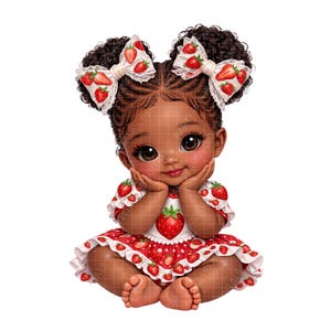 May include: A digital illustration of a baby girl with dark skin, brown eyes, and curly hair. She wears a red and white strawberry-themed dress and matching bows. The baby is sitting with her hands under her chin, smiling.