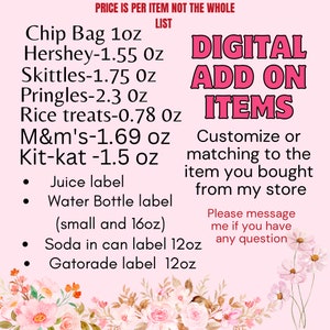 Puede incluir: Fondo rosa con texto que enumera artículos de aperitivos como patatas fritas, caramelos y etiquetas para zumos, botellas de agua, refrescos y Gatorade. El texto incluye "DIGITAL ADD ON ITEMS" e instrucciones para personalizar o combinar artículos.