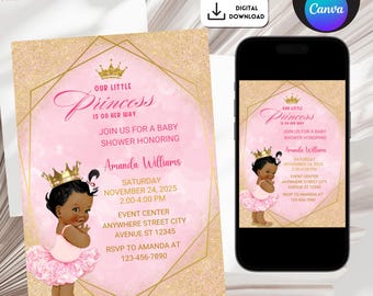 Afro Princess Baby Shower Invitation, Pink and Gold Afro Princess Baby Shower Invitation, African American Princess Baby Shower Invitation
