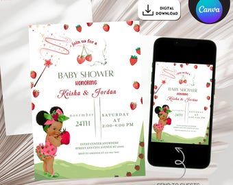 Editable Afro Strawberry Baby Shower Invitation, African American Strawberry Baby Shower Invitation Template, African Princess Baby Shower