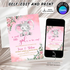Editable Elephant Girl Baby Shower Invitation, Pink and Gold Elephant Baby Shower Invite, Pink Butterfly Elephant Baby shower Invite, DIGITL