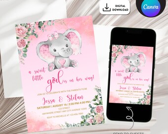 May include: Pink and green baby shower invitation with a watercolor illustration of a gray elephant with pink ears and a pink bow. The text reads "a sweet little girl is on her way!" and includes the names "Jessa & Stefan" and the date and time of the event.