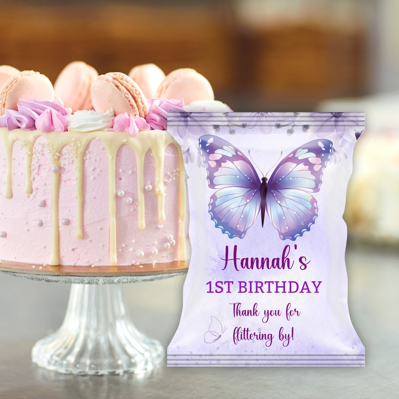 Editable Butterfly Chip Bag Watercolor Purple, Purple Butterfly 1st