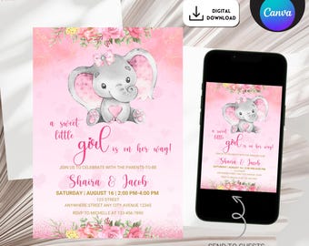 Puede incluir: Invitación a una fiesta de bienvenida al bebé en rosa y dorado con un lindo elefante gris que sostiene un corazón. La invitación dice "¡Una dulce niña está en camino!" e incluye los nombres Shaira & Jacob, la fecha, la hora y la información de RSVP.