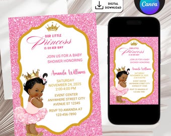 Afro Princess Baby Shower Invitation, African American Afro Princess Baby Shower digital invite, Pink and Gold Baby Shower Afro Invitation