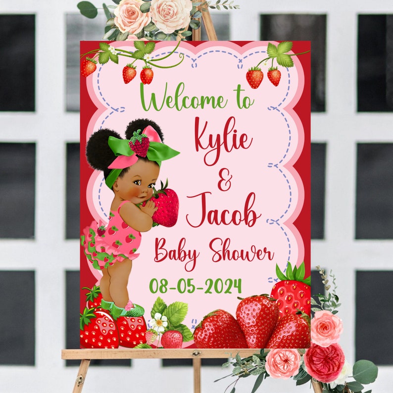 Puede incluir: Bienvenido a la fiesta de bienvenida al beb&eacute; de Kylie & Jacob, con un fondo rojo, texto rosa y blanco y una ilustraci&oacute;n de dibujos animados de una ni&ntilde;a negra sosteniendo una fresa. La fecha de la fiesta es el 08-05-2024.