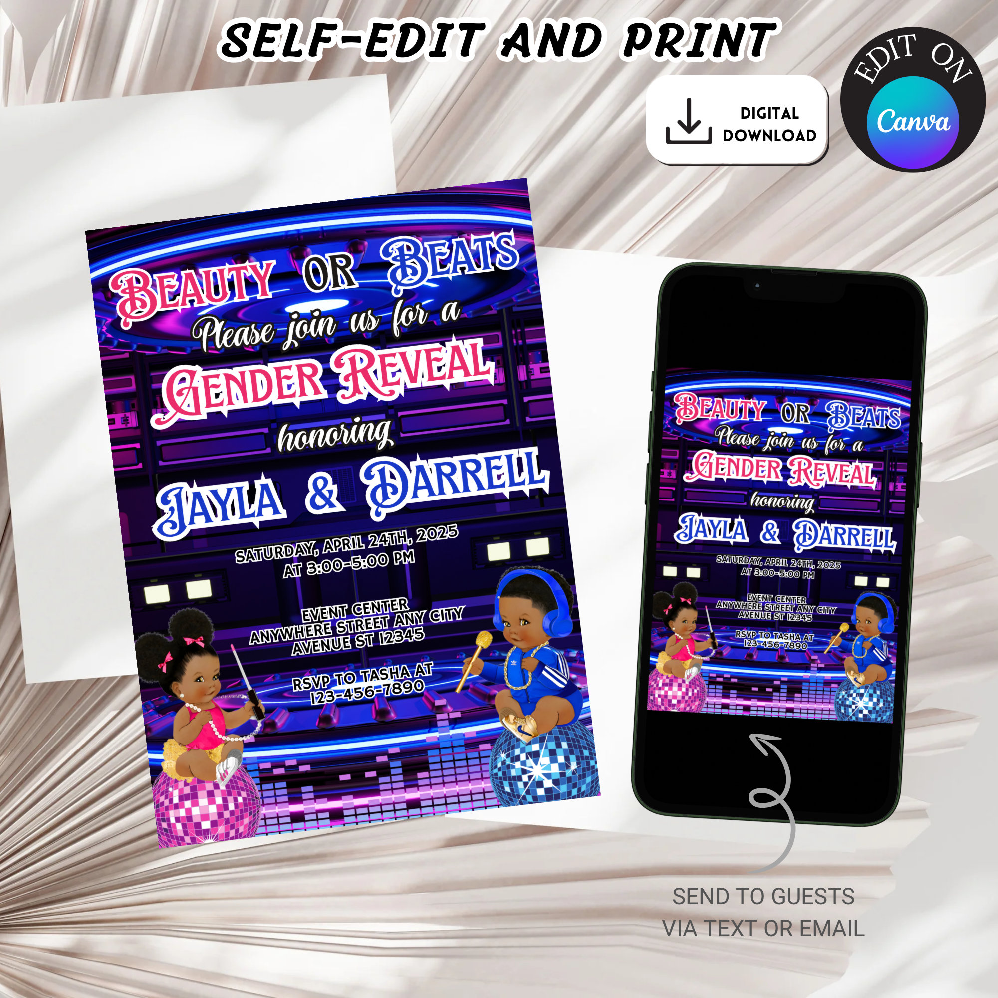 Afro Beauty or Beats Invitation, African American  Beauty or Beats Gender Reveal Invitation, Afro Beauty or Beats Invitation Template