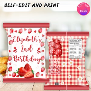 Strawberry chip bag, Strawberry Birthday chip bag, 2nd Birthday strawberry chip bag, Strawberry Birthday Party Favor, two sweet strawberry