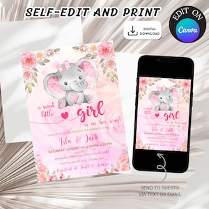 Editable Elephant Girl Baby Shower Invitation, Pink and Gold Elephant Baby Shower Invite, Pink and gold Elephant Baby shower Invite template