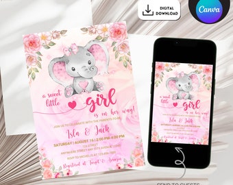 May include: Pink and white baby shower invitation with a cute cartoon elephant wearing a pink bow. The invitation says "a sweet little girl is on her way!" and includes the names Isla & Jack, the date and time of the shower, and the address. The invitation also includes the text "Registered at Target & Amazon".
