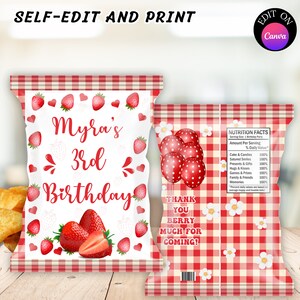Strawberry Chip Bag, Strawberry Birthday Chip Bag, Strawberry 3rd Birthday Party Favor, 3rd Birthday Strawberry Theme, Strawberry Birthday