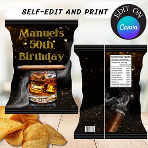 Editable Cigar Chip Bag, Cigar Chip Bag Template, Maculine Theme Birthday Chip Bag, Cigar Chip Wrap Digital, Cigar Birthday Chip Bag for Men