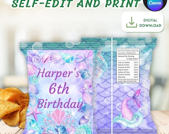 Mermaid Chip Bag, Under the Sea birthday party theme, purple mermaid party favor, mermaid chip bag canva editable digital