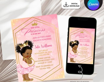 Afro Princess Baby Shower Invitation, African American Afro Princess Baby Shower digital invites, Afro baby shower Royal Invitation