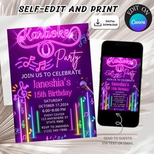 Editable Karaoke Birthday Invitation, Glow Karaoke Birthday Invitation, Neon Glow Karaoke Birthday Card, Music Invitation, Videoke Invite