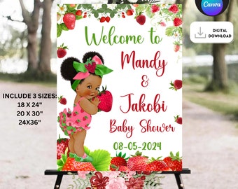 Tablero de bienvenida para baby shower de fresa, letrero de bienvenida para baby shower de fresa afro, póster de bienvenida para baby shower de fresa, pancarta de bienvenida de bayas