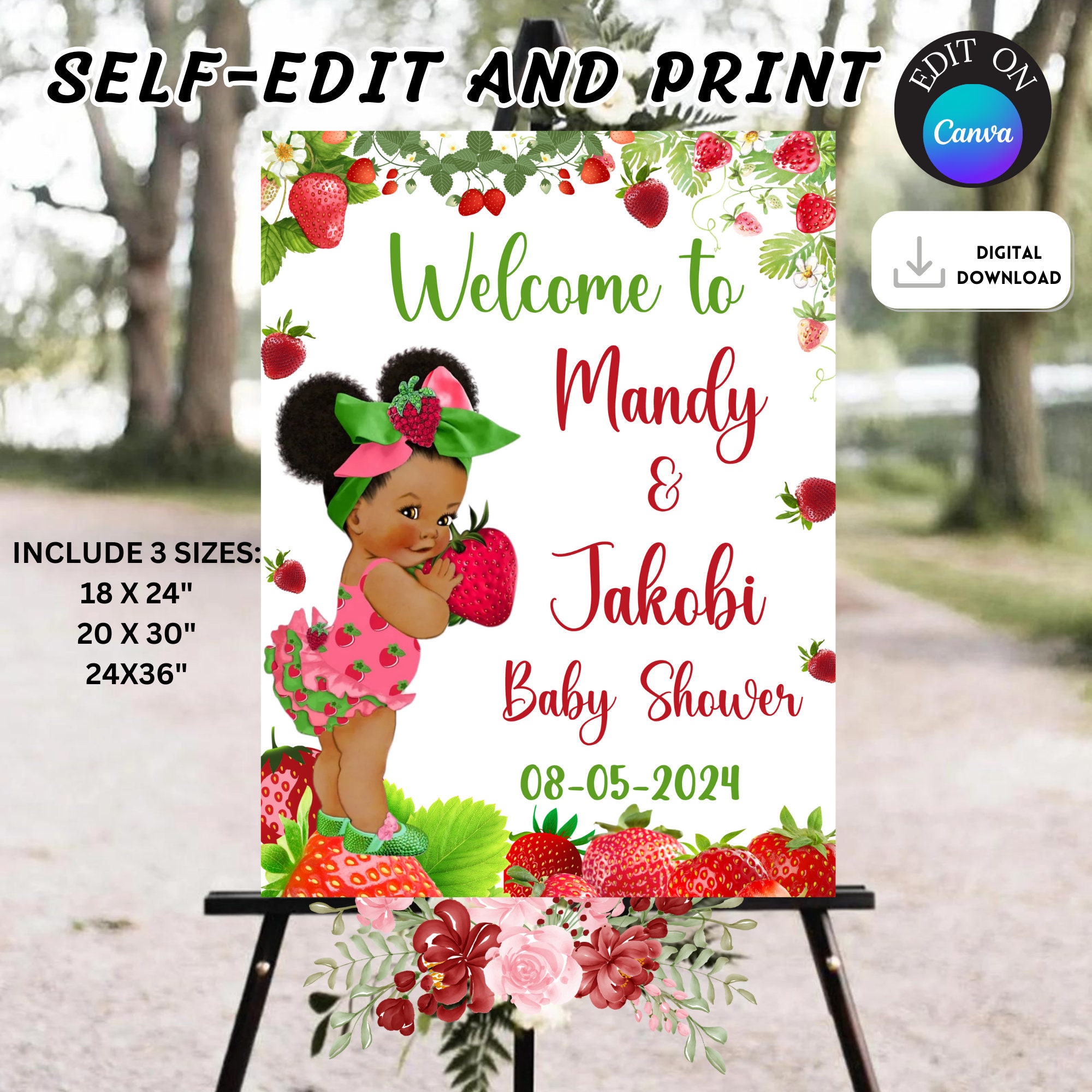 Cartello di benvenuto per baby shower alla fragola, cartello di benvenuto per baby shower alla fragola afro, poster di benvenuto per baby shower alla fragola, striscione di benvenuto con bacche