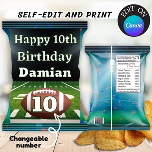 Football Birthday Chip Bag, Editable Football Chip Wrap, American Football party Favors, Kids Football Chip Bag, Touchdown Chip Wrap
