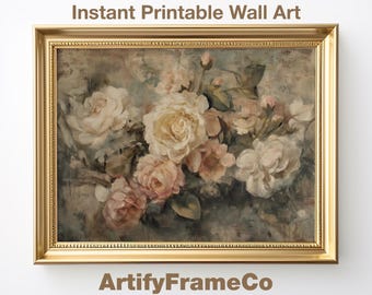 Vintage Rose Bouquet Print, Antique Cottage Floral Wall Art, Romantic Bedroom Decor, Digital Download