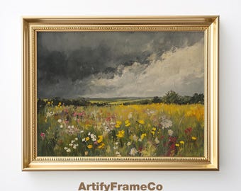 Vintage Wildflower Meadow Oil Painting, Rainy Spring Landscape Wall Art, Cottagecore Digital Download, Textured Printable Wall Art | WH0016