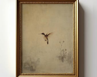 Antique Hummingbird Portrait, Vintage Bird Oil Painting, Rustic Nature Wall Art, Farmhouse Cottage Decor, Flying Bird