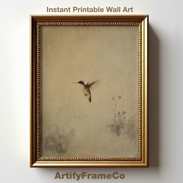Antique Hummingbird Portrait, Vintage Bird Oil Painting, Rustic Nature Wall Art, Farmhouse Cottage Decor, Flying Bird