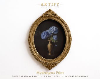 Three Blue Hydrangeas Art, Dark Victorian Floral Oil Painting, Brass Vase Still Life, Narrow Hallway Wall Decor, Vertical Digital Download