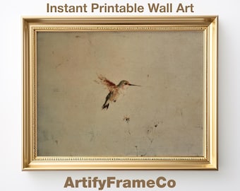 Vintage Hummingbird Oil Painting, Antique Bird Wall Art, Moody Nature Print, Cottagecore Room Decor, Rustic Animal Sketch