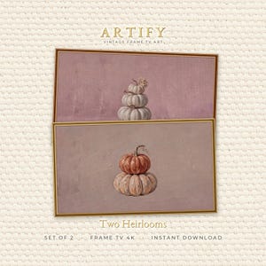 May include: Two rectangular digital art prints for a frame TV, each featuring a stack of pumpkins centered on a solid muted background. The top print shows three white pumpkins on a mauve background, while the bottom print displays two pumpkins, one orange and one beige, on a taupe background.