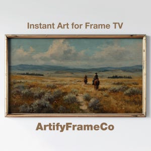 Op de afbeelding: Een ingelijst landschapsschilderij met twee figuren te paard die een uitgestrekt, goudkleurig veld doorkruisen onder een bewolkte hemel. Het kunstwerk, met een vintage esthetiek, is getiteld "Instant Art for Frame TV" en "ArtifyFrameCo".
