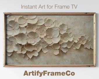 Neutral 3D Hydrangea Frame TV Art, Textured White Floral Wall Decor, Digital Download