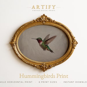 Hovering Hummingbird Art Print, Emerald and Ruby Bird Oil Painting, Teal Green Feathers, Office Wall Decor, Horizontal Digital Download