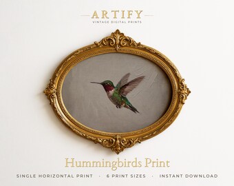 Hovering Hummingbird Art Print, Emerald and Ruby Bird Oil Painting, Teal Green Feathers, Office Wall Decor, Horizontal Digital Download