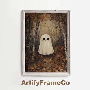 Ghost in Autumn Forest Oil Painting Printable Wall Art, Moody Halloween Decor, Vintage Ghost Painting, Dark Academia Art, Digital Download