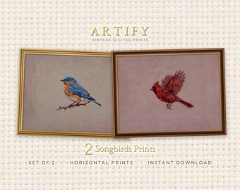 Cardinal Bluebird Set of 2 Prints, Red Bird in Flight Oil Painting, Dining Room Wall Art, Muted Rose Taupe, Horizontal Digital Download
