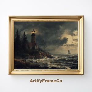 Lighthouse Seascape Oil Painting: Moody Coastal Wall Art (Digital Download)