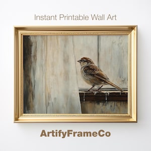 Printable Vintage Sparrow Wall Art, Cottagecore Farmhouse Wall Art, Rustic Bird Painting Print, Neutral Nature Artwork, Digital Art | WH156