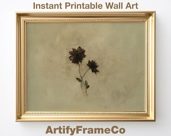 Moody Vintage Flower Print, Antique Wildflower Oil Painting, Dark Botanical Wall Art, Rustic Floral Sketch, Cottagecore Decor