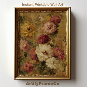 Warm Flowers Print, Vintage Floral Wall Art, Bright Zinnias Painting Print, Garden Decor, Digital Download, Wall Decor Print | WH64