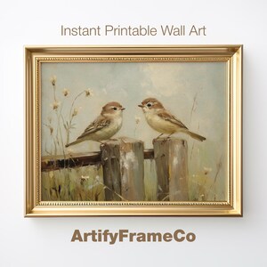 May include: A vintage-style painting of two brown sparrows perched on a wooden fence. The birds are facing each other and the background is a soft, muted green and blue.