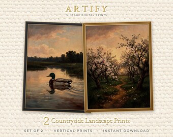 Apple Blossom Print with Duck Art, Set of 2 Vertical Wall Decor, Spring Cottage Style, Warm Cream and Gold, Vintage Digital Download