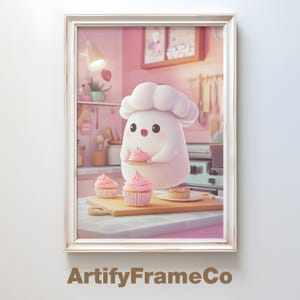 Cute Ghost Chef Baking Cupcakes Printable Art, Kawaii Halloween Decor, Trendy Kitchen Wall Art, Pastel Ghost Print, Digital Download, Wall