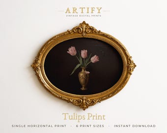 Three Tulips Print, Gold Urn Still Life Oil Painting, Dining Room Decor, Dark Cottagecore Blush Blooms, Horizontal Digital Download