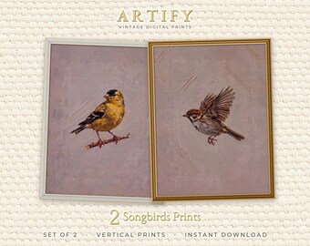Sparrow and Goldfinch Art, Set of 2 Tall Bird Oil Paintings, Cottage Bird Prints, Bedroom Wall Decor Pair, Vertical Digital Download
