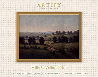 Green Valley Stream Art, Vintage Dusk Countryside Painting, Rolling Hills Landscape Print, Living Room Wall Art, Horizontal Digital Download