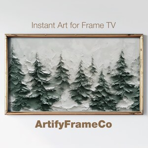 Könnte beinhalten: Ein gerahmtes Gemälde einer Waldszene mit einem strukturierten Pinselstrich-Effekt. Die Bäume sind in einem gedämpften Grünton vor einem weißen Hintergrund. Der Rahmen ist in einer einfachen Goldfarbe gehalten. Der Text "ArtifyFrameCo" befindet sich am unteren Rand des Bildes.