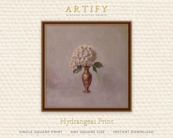 Hydrangea Bloom Art Print, Victorian White Flower in Copper Urn, Gallery Wall Decor, Warm Taupe Wall Art, Square Print Digital Download