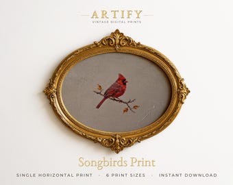 Cardenal en rama, pintura al óleo de pájaro rojo, hojas doradas de otoño, decoración de pared de cocina, arte de aves de estilo rústico, descarga digital horizontal.